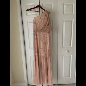 Adrianna Papell one shoulder beaded gown in blush size 6.